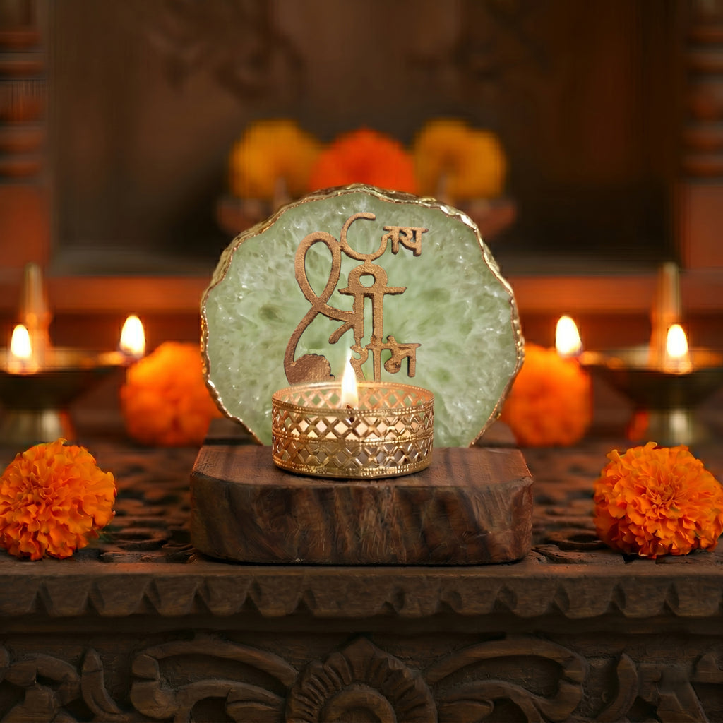 Jai Shree Ram Agate Tea Light Holder with Wood Stand