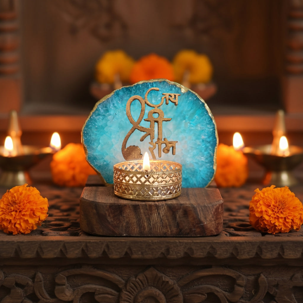 Jai Shree Ram Agate Tea Light Holder with Wood Stand