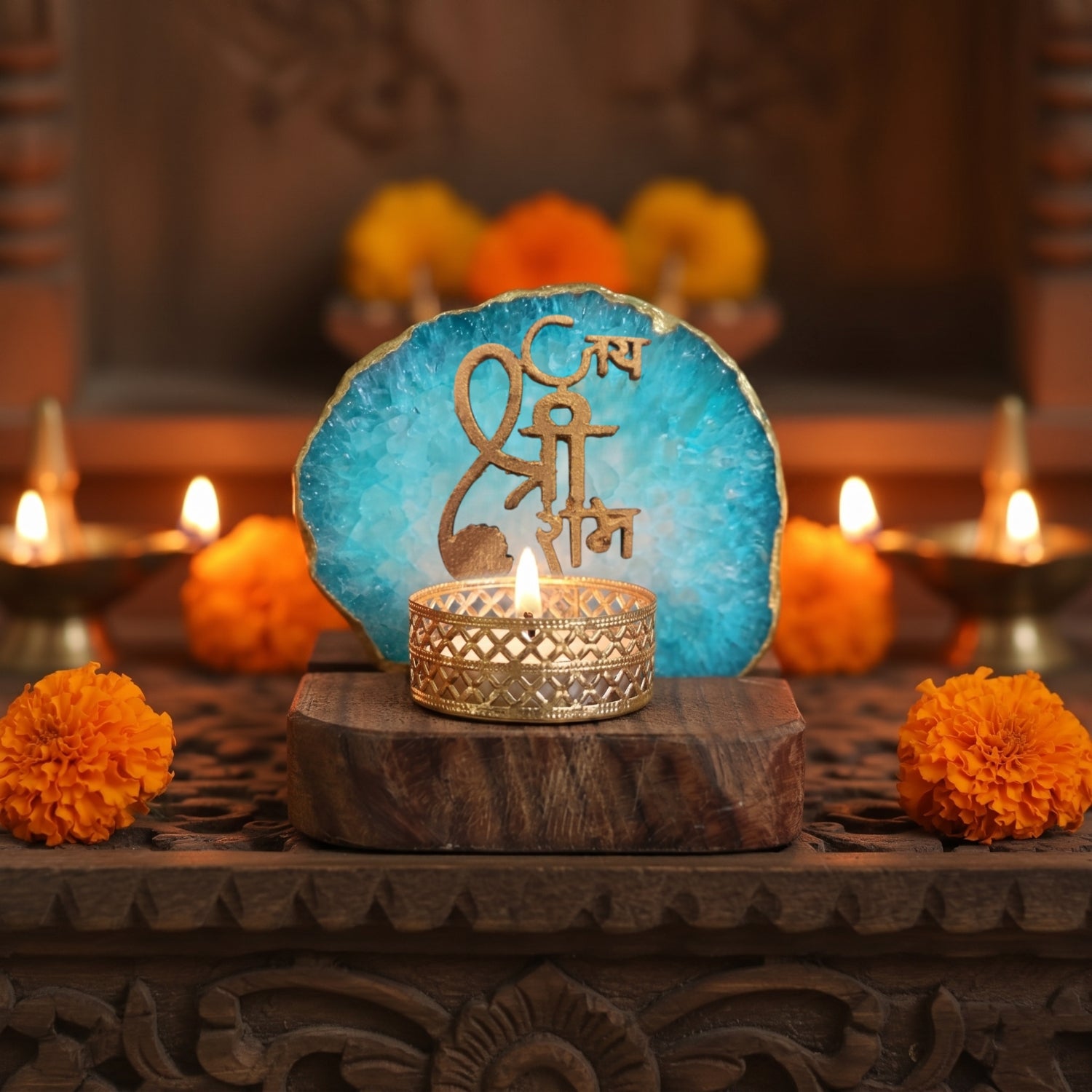 Jai Shree Ram Agate Tea Light Holder with Wood Stand
