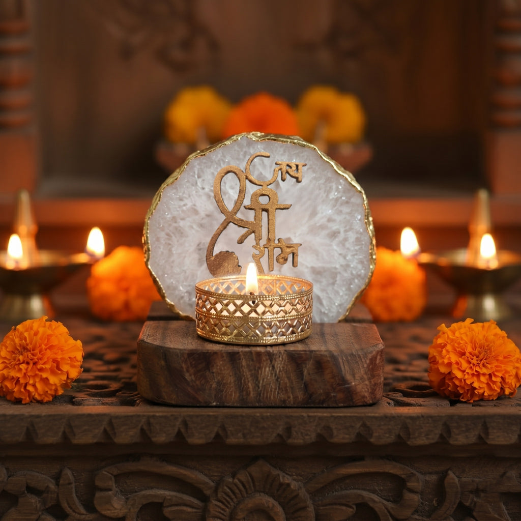 Jai Shree Ram Agate Tea Light Holder with Wood Stand