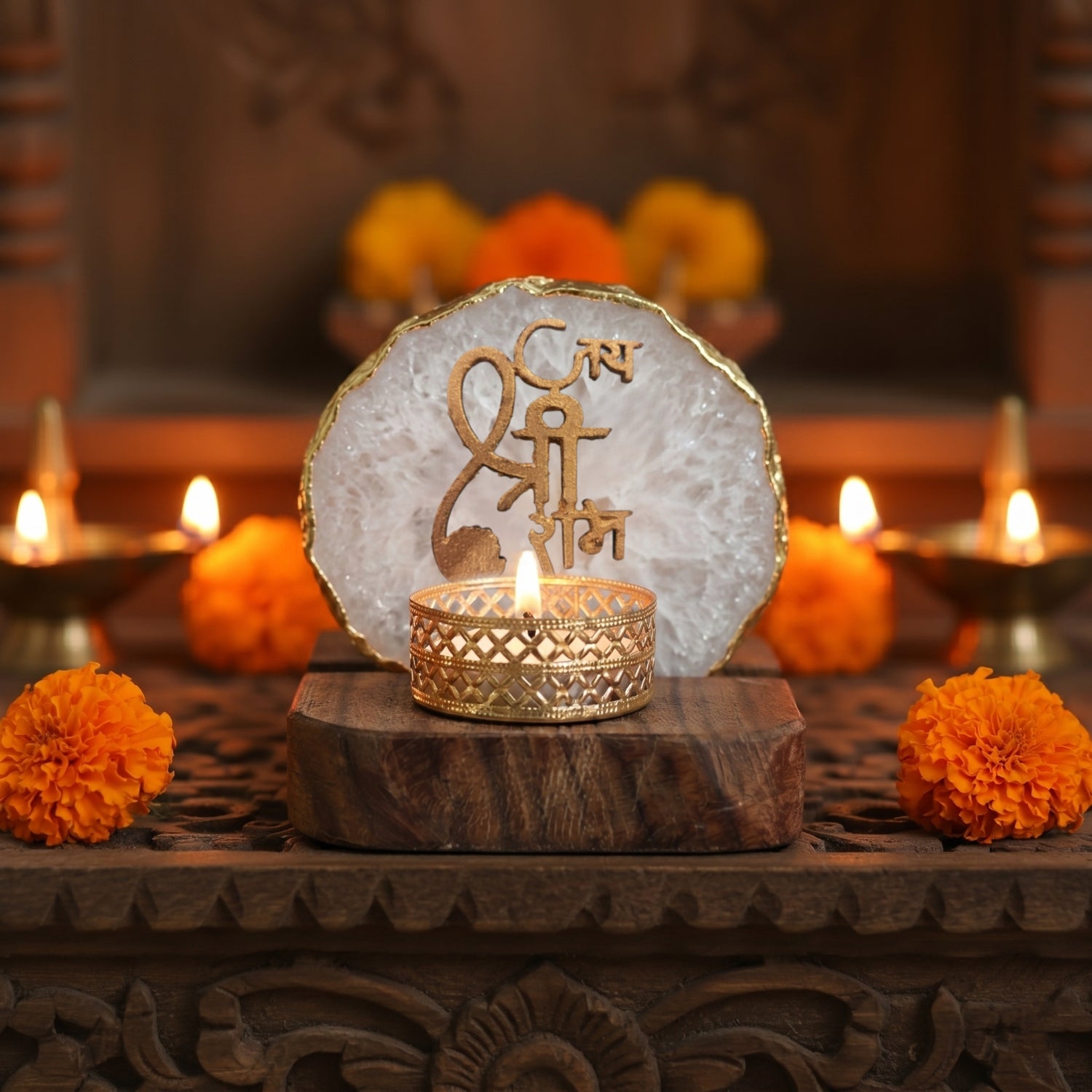 Jai Shree Ram Agate Tea Light Holder with Wood Stand