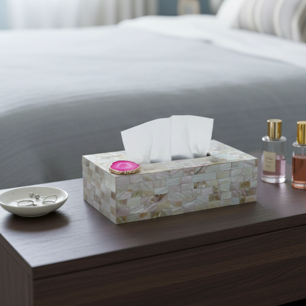 Pink Agate with  Mother of Pearl Tissue Box Holder