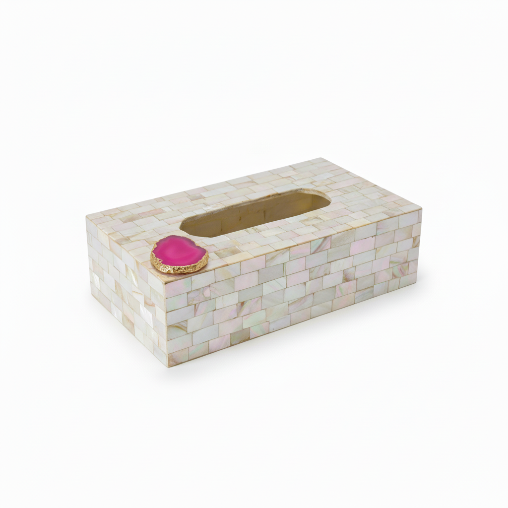 Pink Agate with  Mother of Pearl Tissue Box Holder