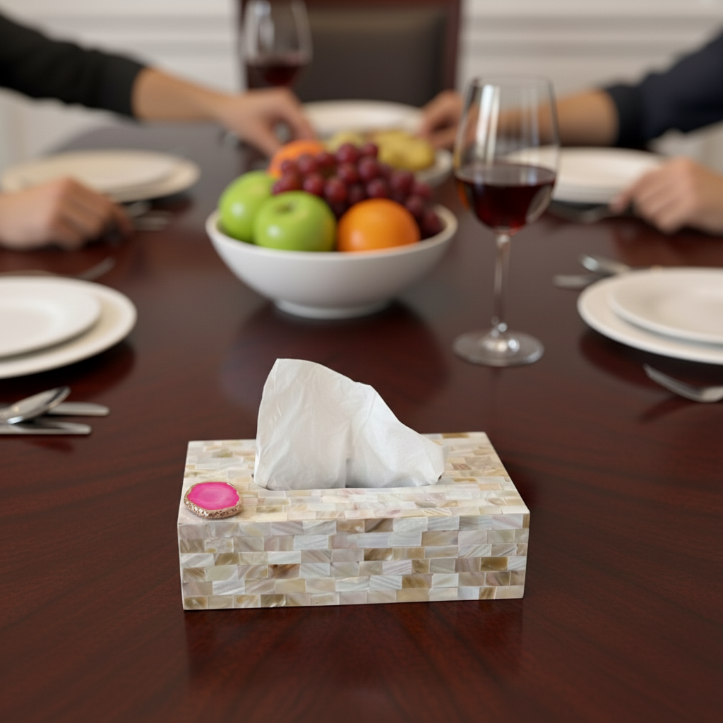 White Agate with  Mother of Pearl Tissue Box Holder