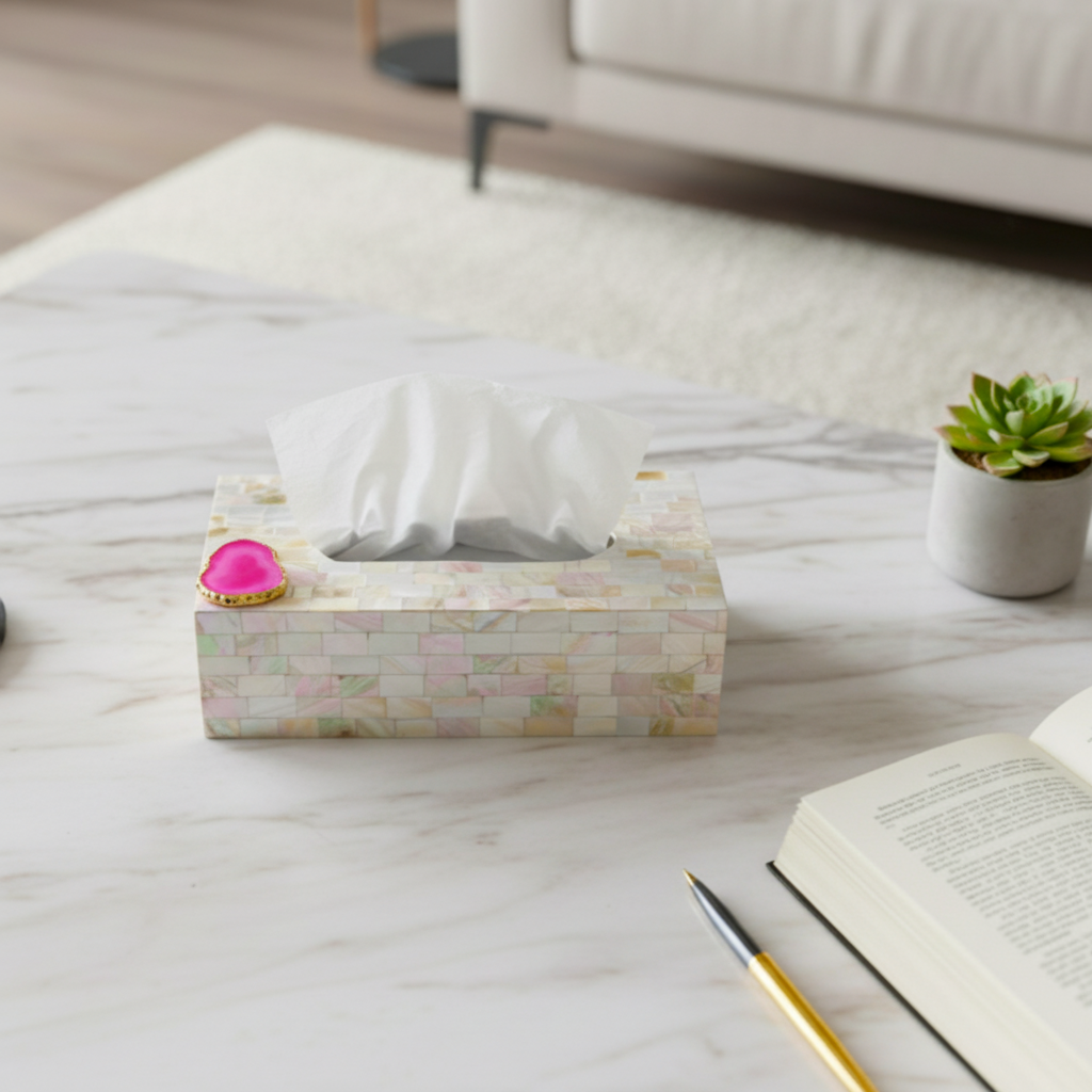 Pink Agate with  Mother of Pearl Tissue Box Holder