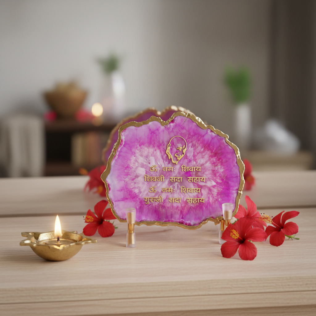 Guru Ji Mantra Pink Agate Metal Showpiece