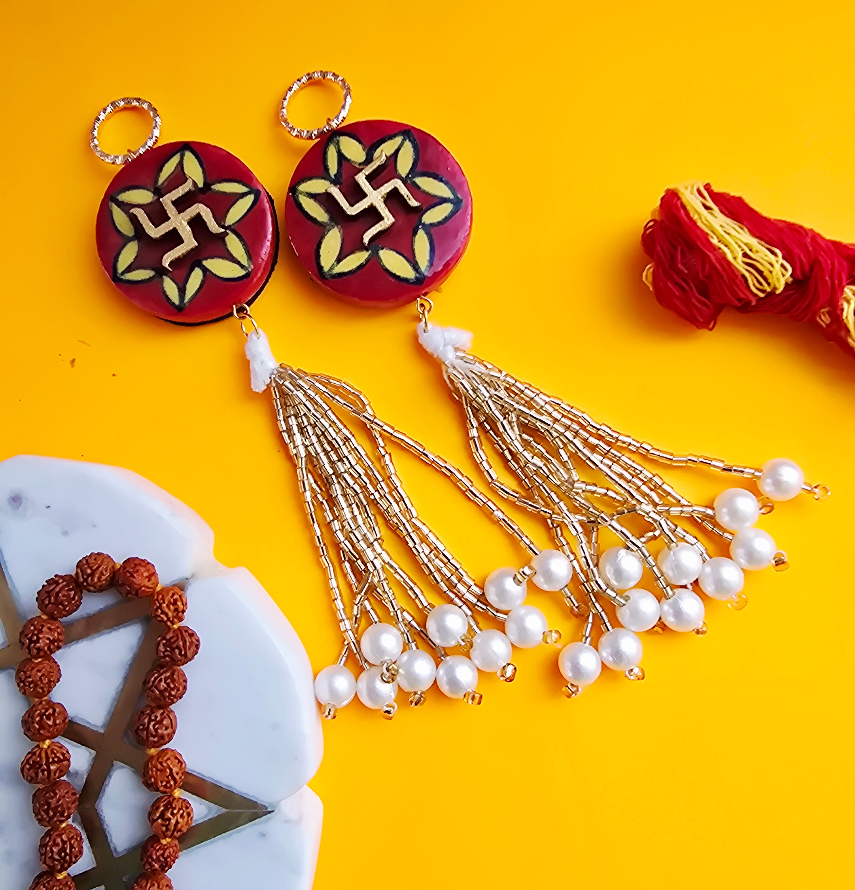 Blue Pottery Red Floral Print Swastik Door Hangings