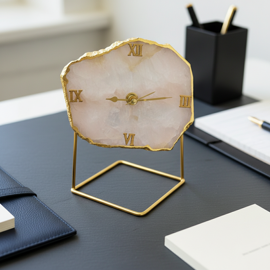 Rose Quartz Desktop Clock with Metal Stand Unique Style
