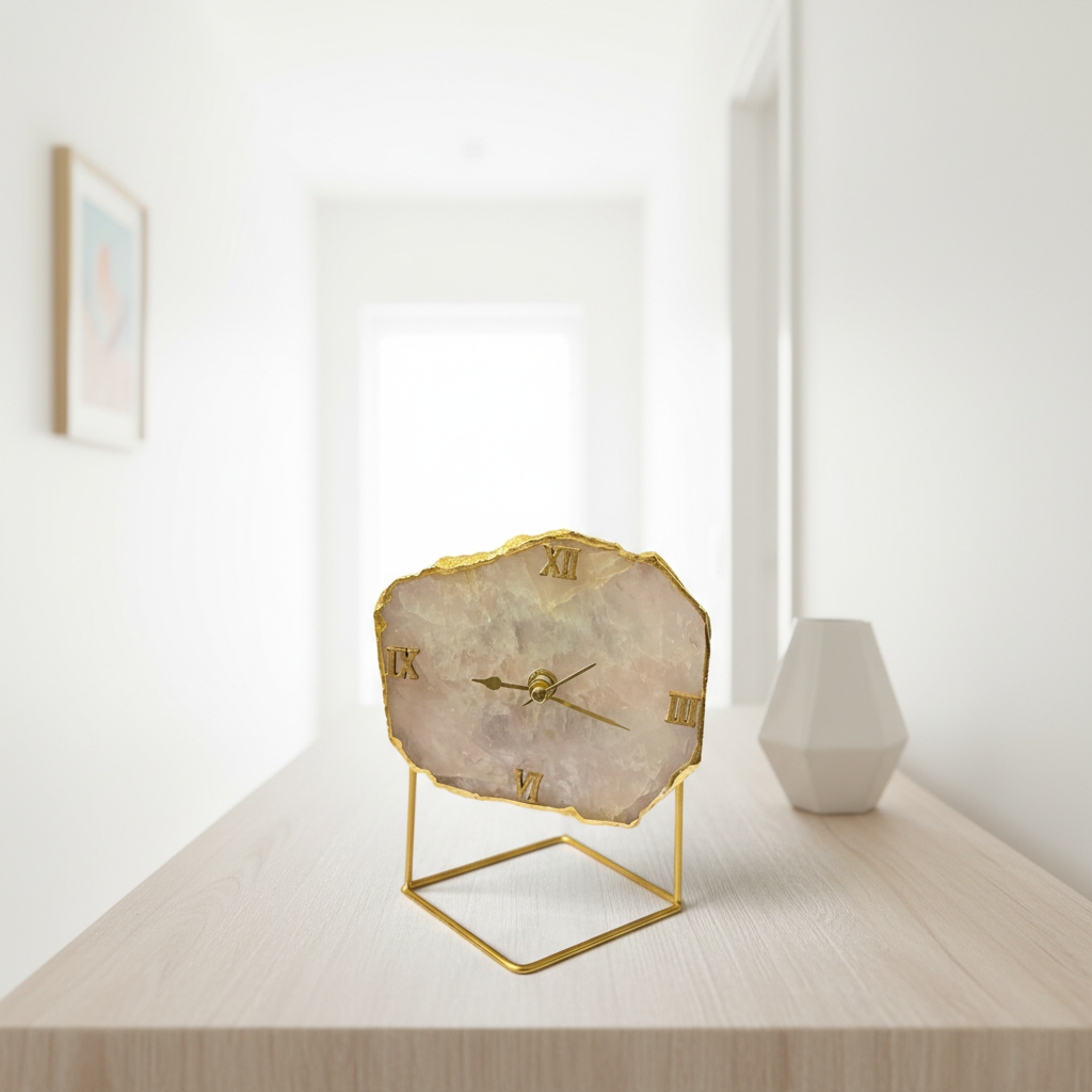 Rose Quartz Desktop Clock with Metal Stand Unique Style