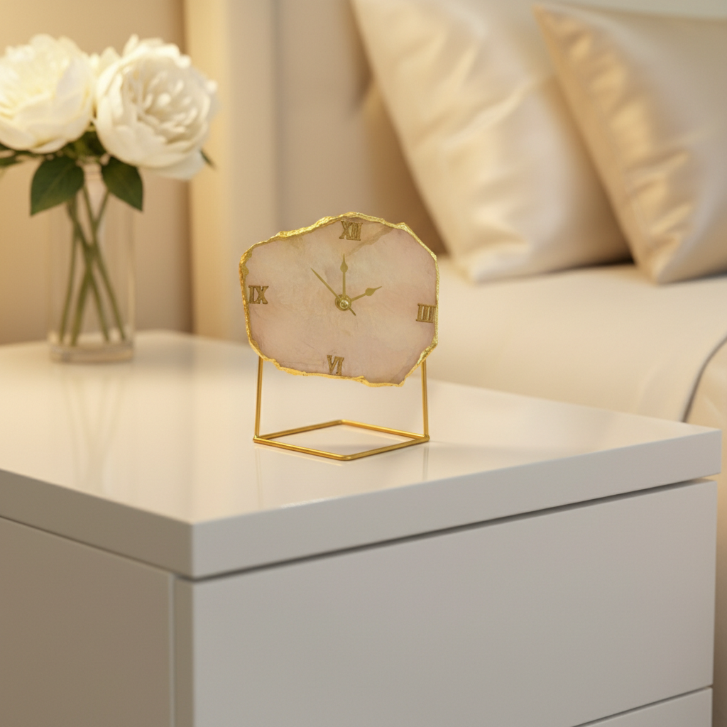 Rose Quartz Desktop Clock with Metal Stand Unique Style