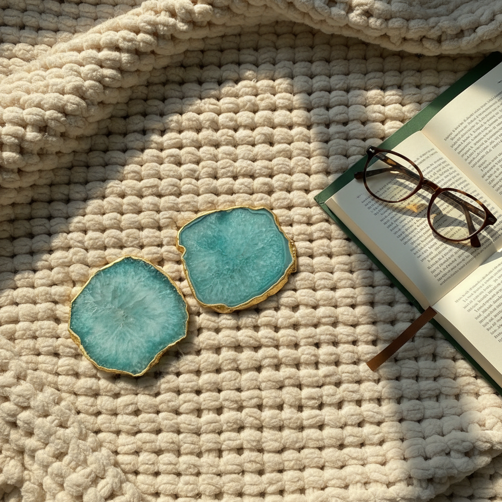 Green  Crystal Agate Coaster With Gold Plating