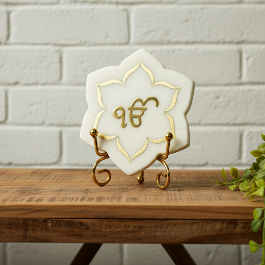Ik Onkar Floral shape Marble with Brass Inlay Metal Stand Showpiece