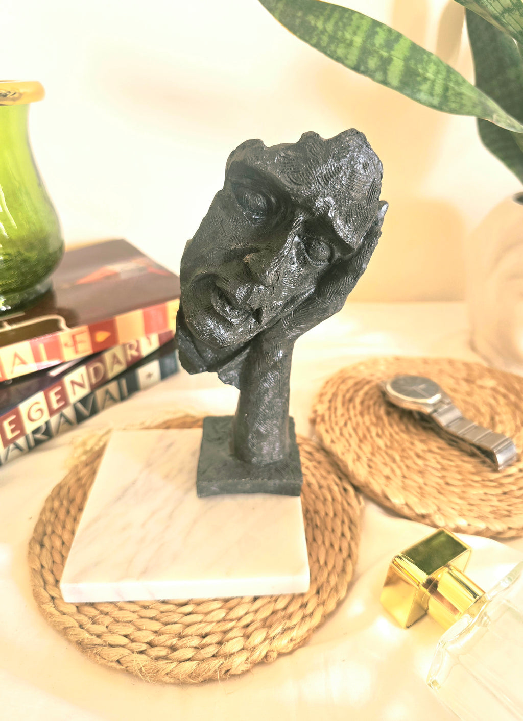 Black Thinking Man Face on Hand Resin Decor Statue