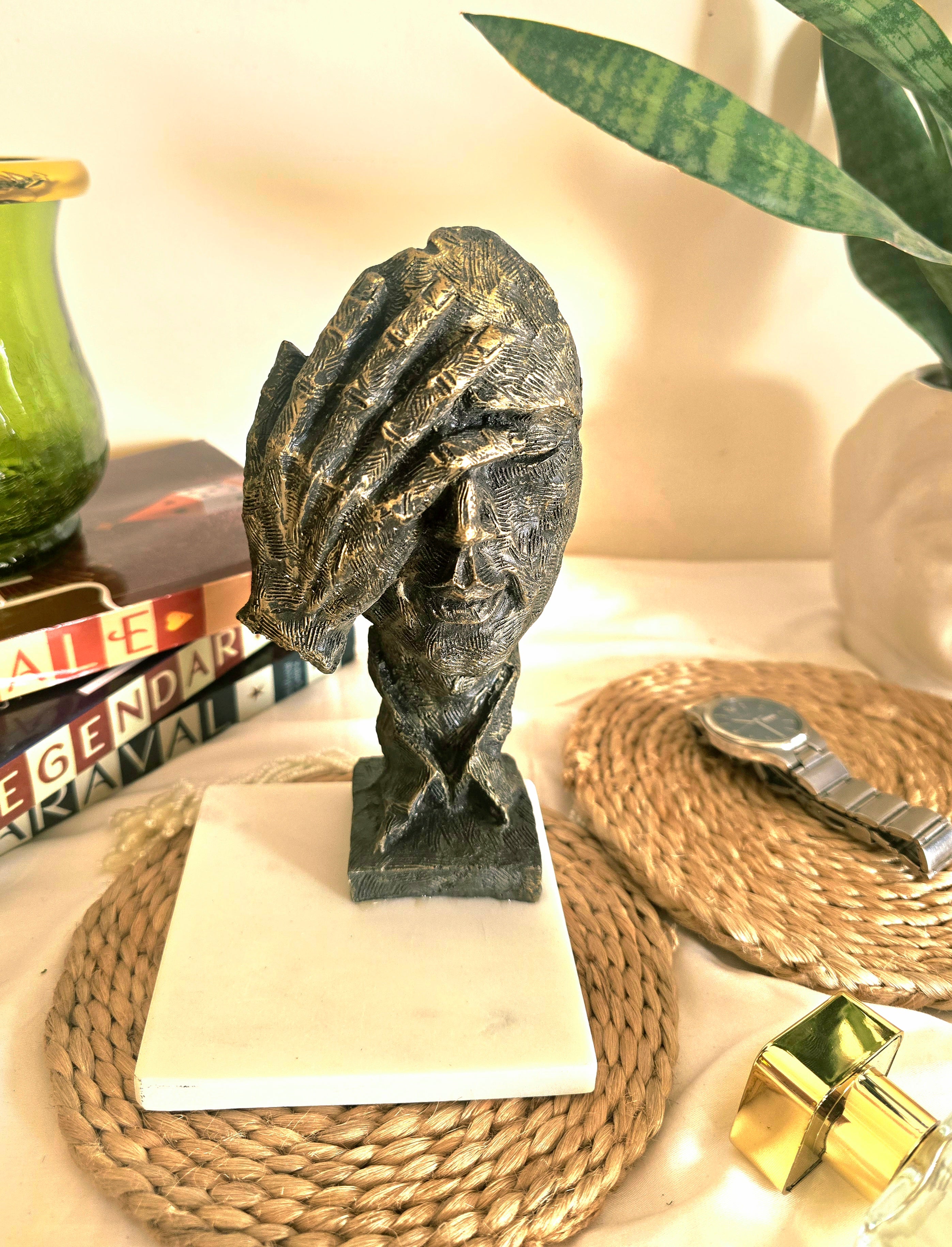 Black Golden Thinking Face in Hand Resin Decor Statue