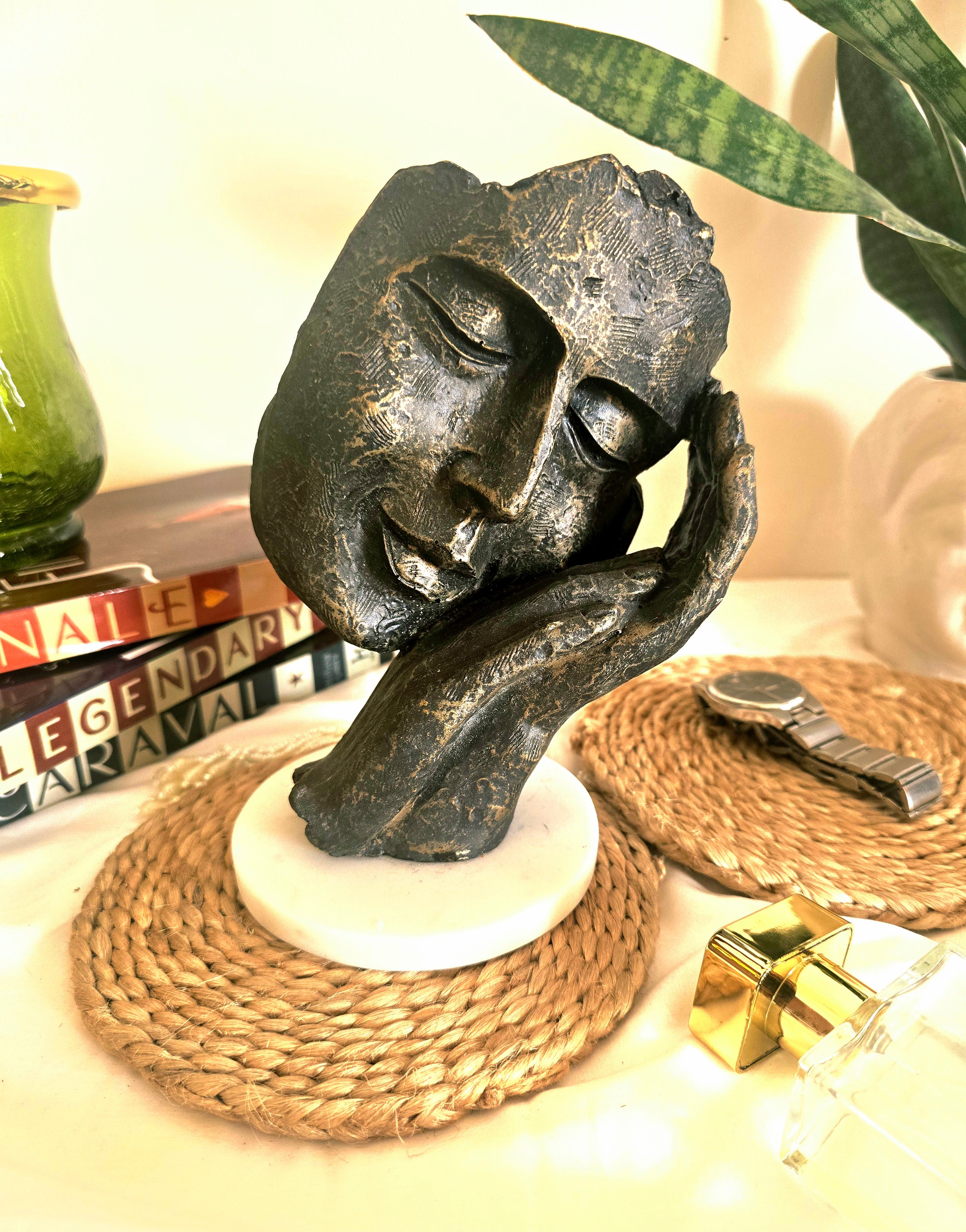 Black Golden Abstract Sleeping Face on Hand Sculpture