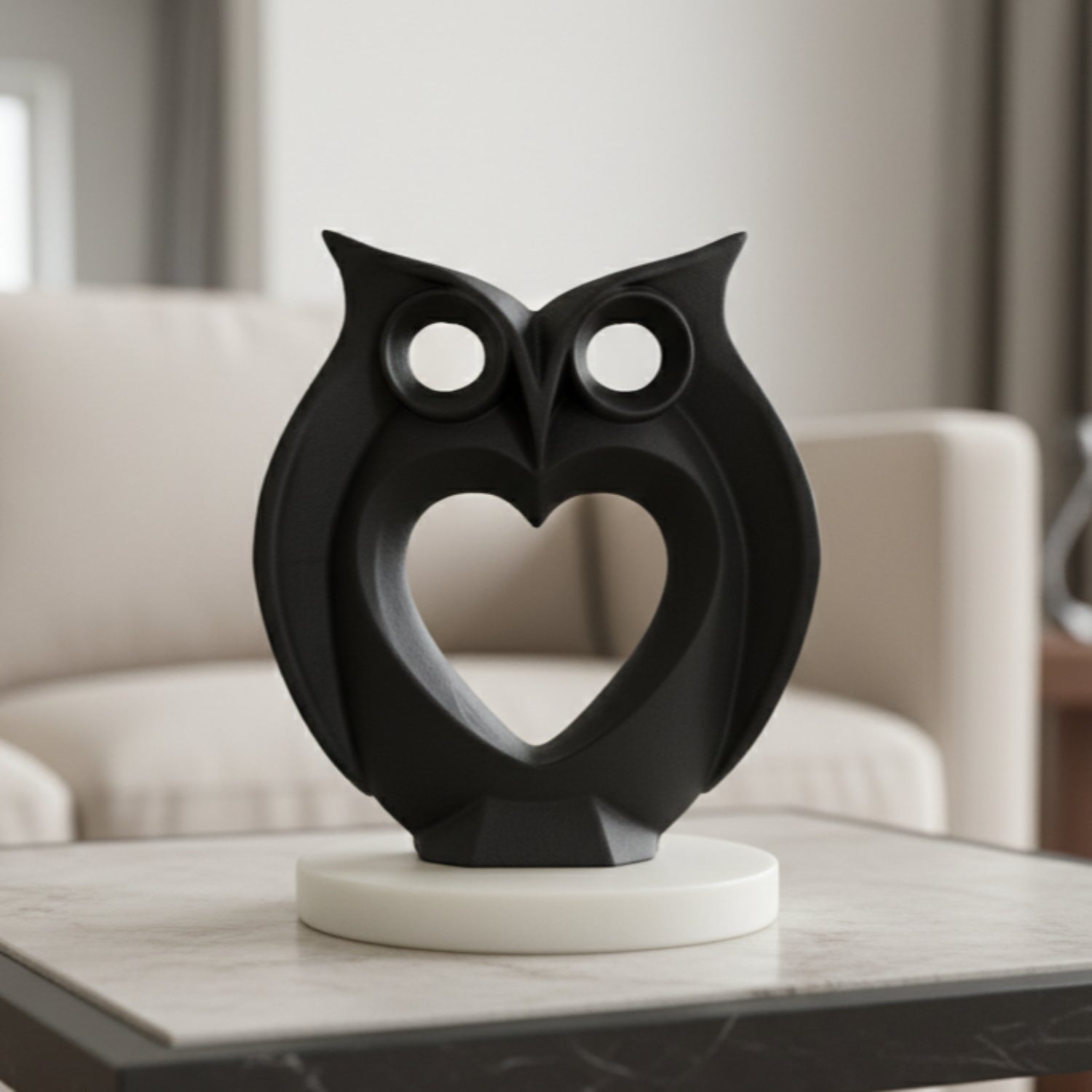 Modern Heart Owl Sculpture Black With Marble Base