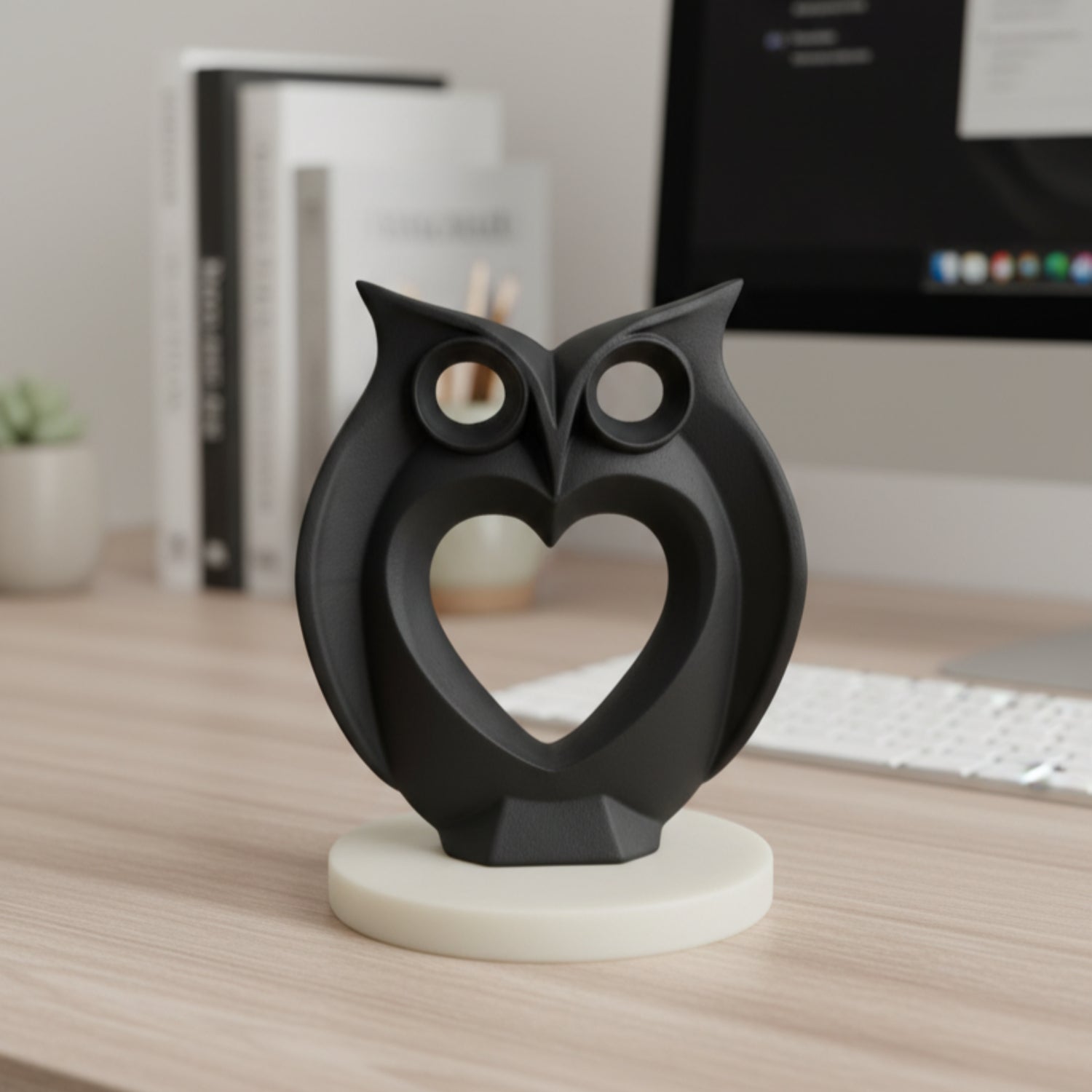 Modern Heart Owl Sculpture Black With Marble Base
