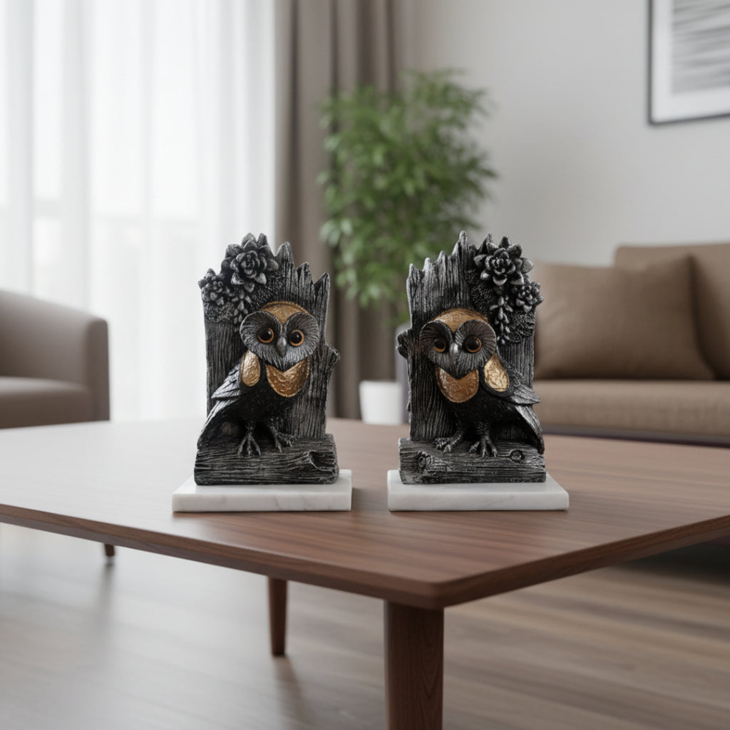 Black Owl Showpiece with Marble Base set of 2