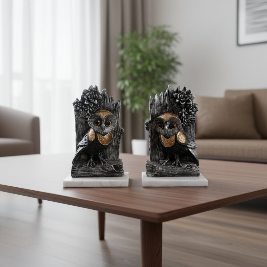 Black Owl Showpiece with Marble Base set of 2