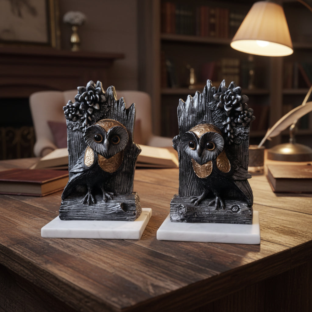Black Owl Showpiece with Marble Base set of 2