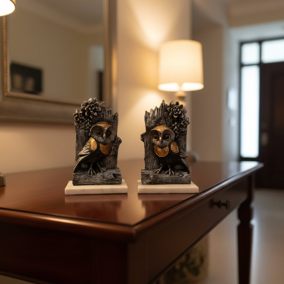 Black Owl Showpiece with Marble Base set of 2