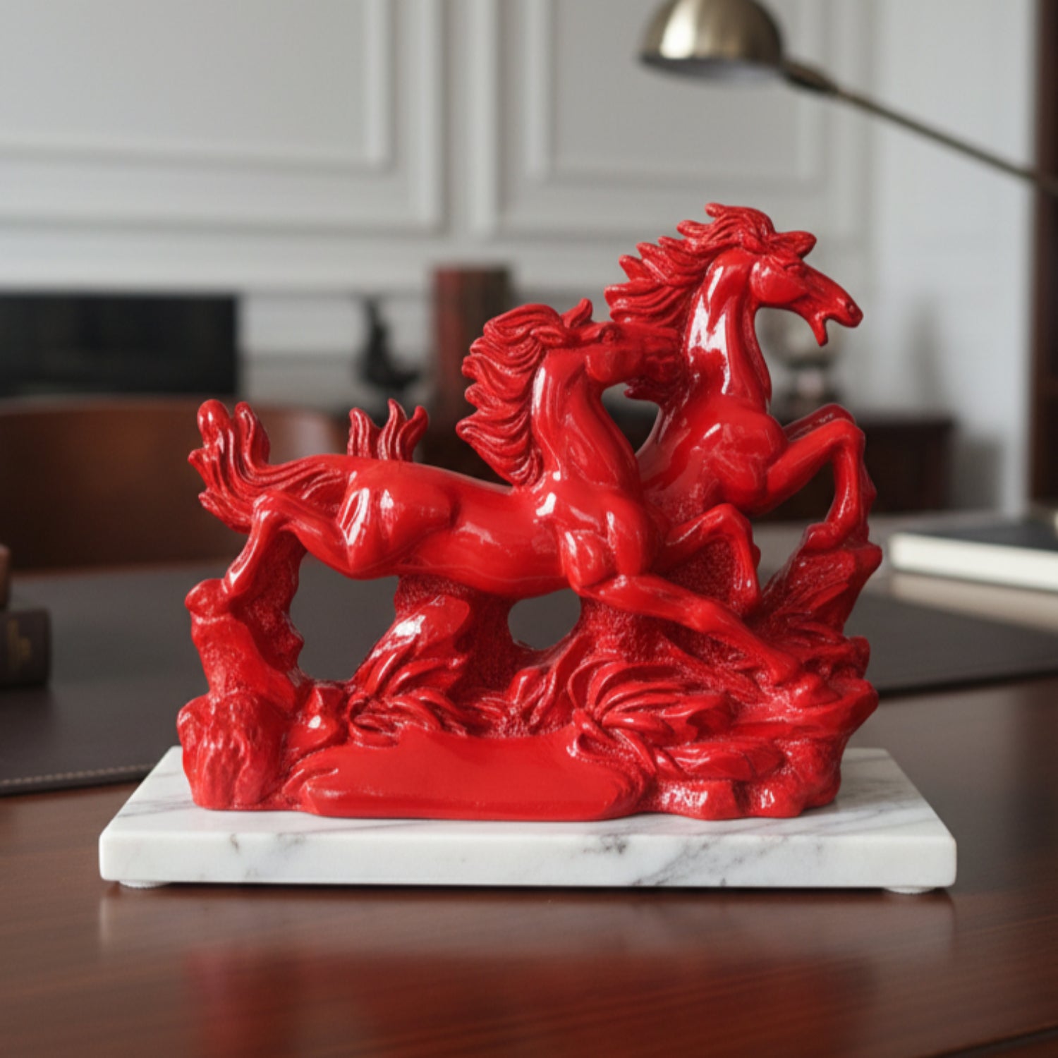 Victory Running Horses Figurine Red With Marble Base