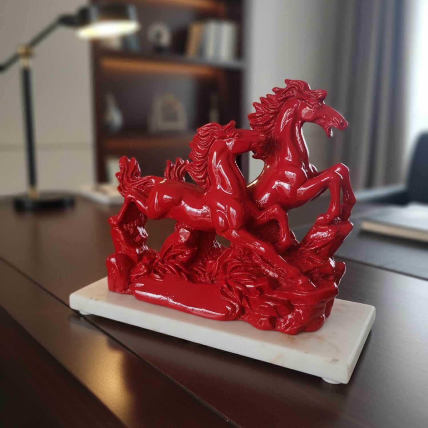 Victory Running Horses Figurine Red With Marble Base