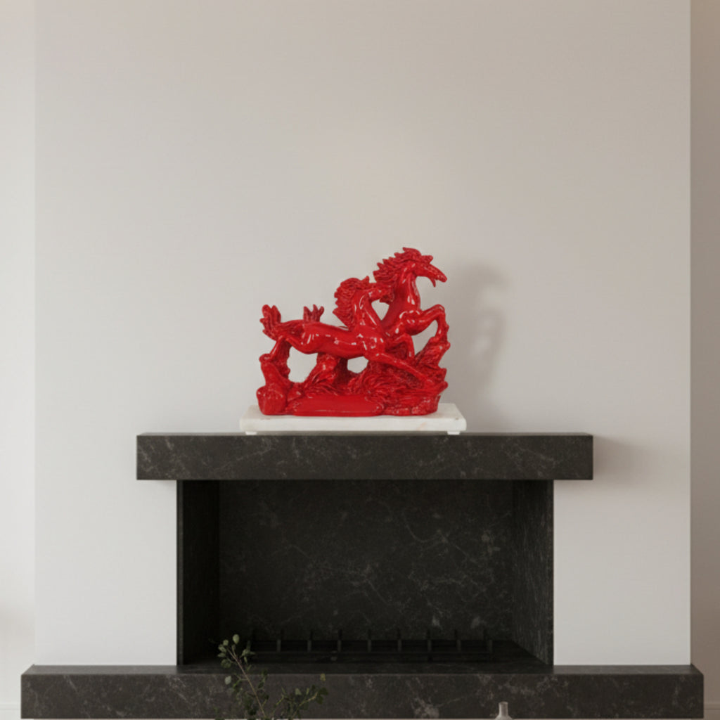 Victory Running Horses Figurine Red With Marble Base
