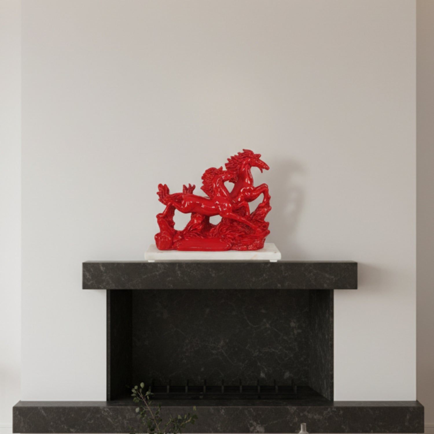 Victory Running Horses Figurine Red With Marble Base