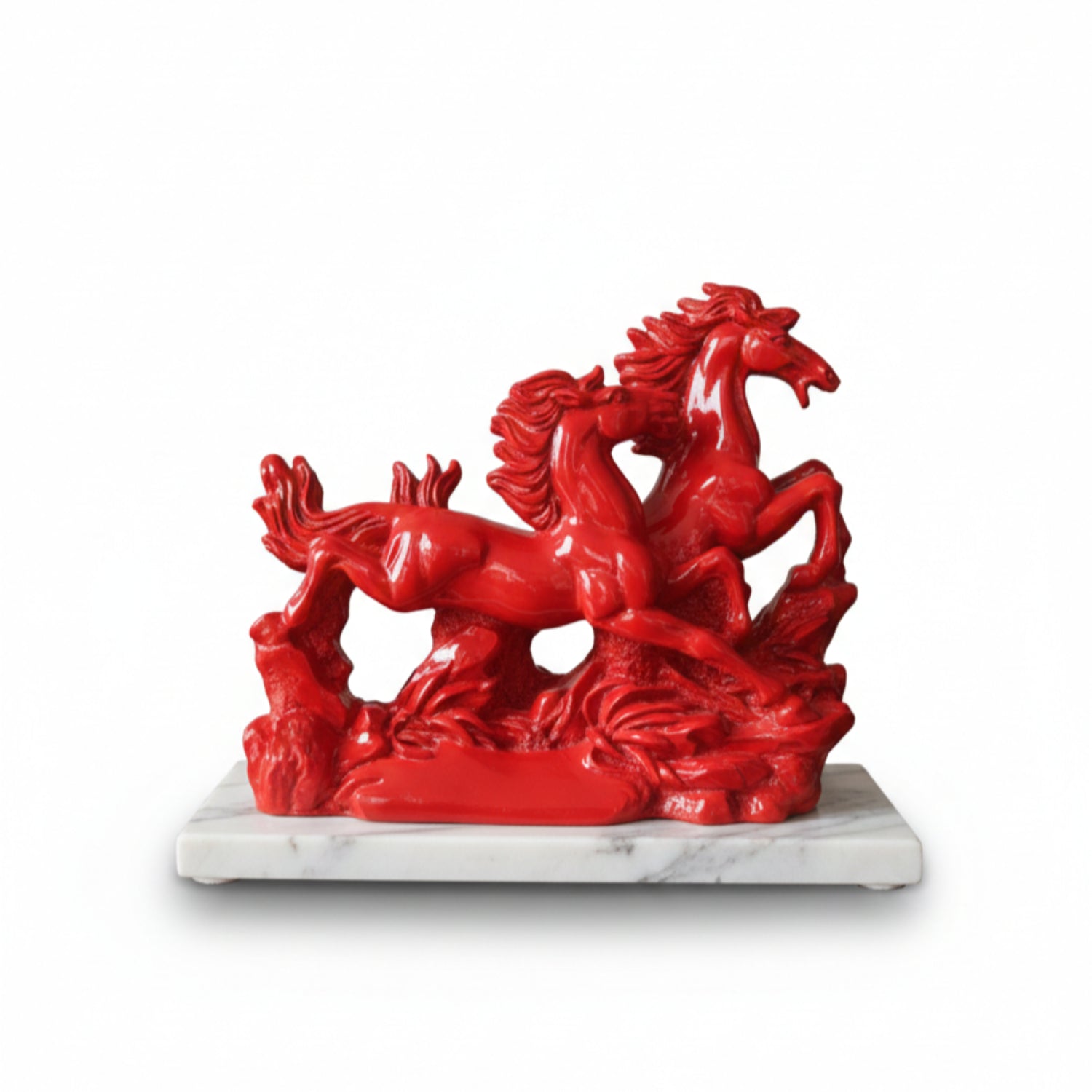 Victory Running Horses Figurine Red With Marble Base