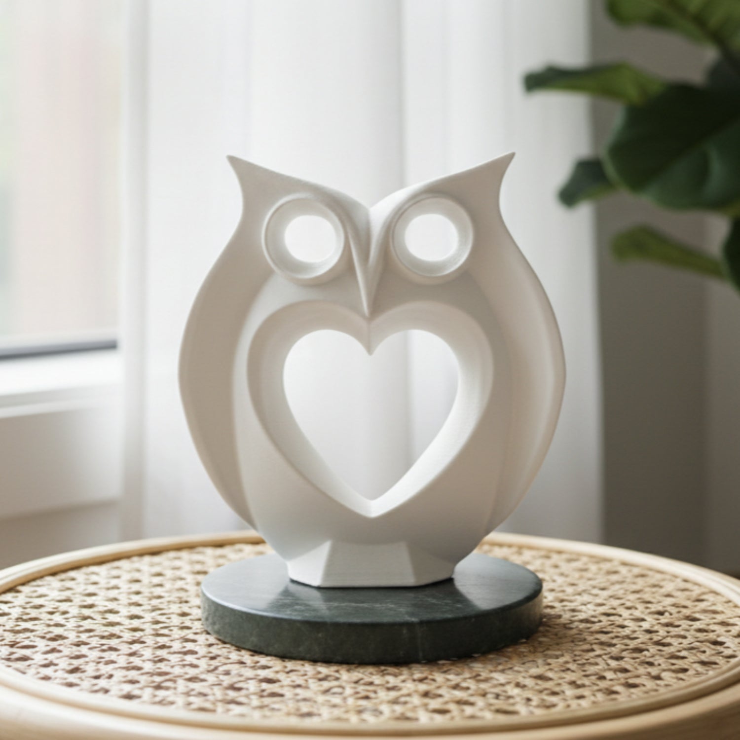 Modern Heart Owl Sculpture White With Marble Base