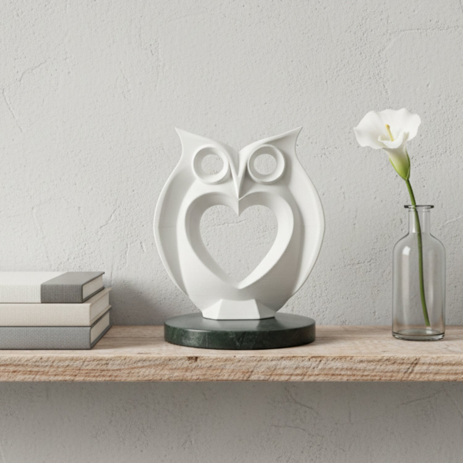 Modern Heart Owl Sculpture White With Marble Base