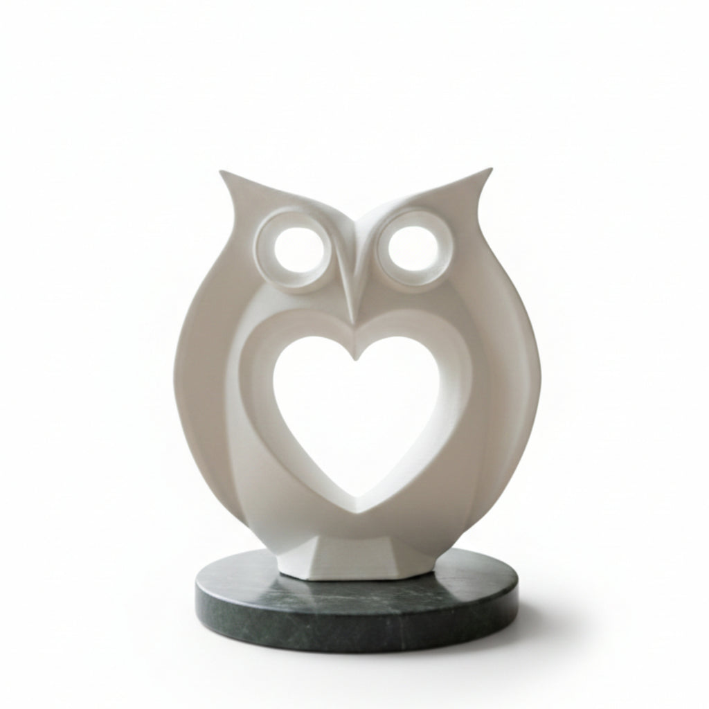 Modern Heart Owl Sculpture White With Marble Base