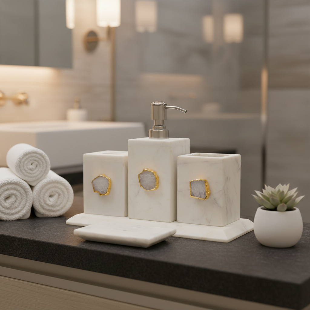 White Marble with White Agate Bathroom Set, Set of 5