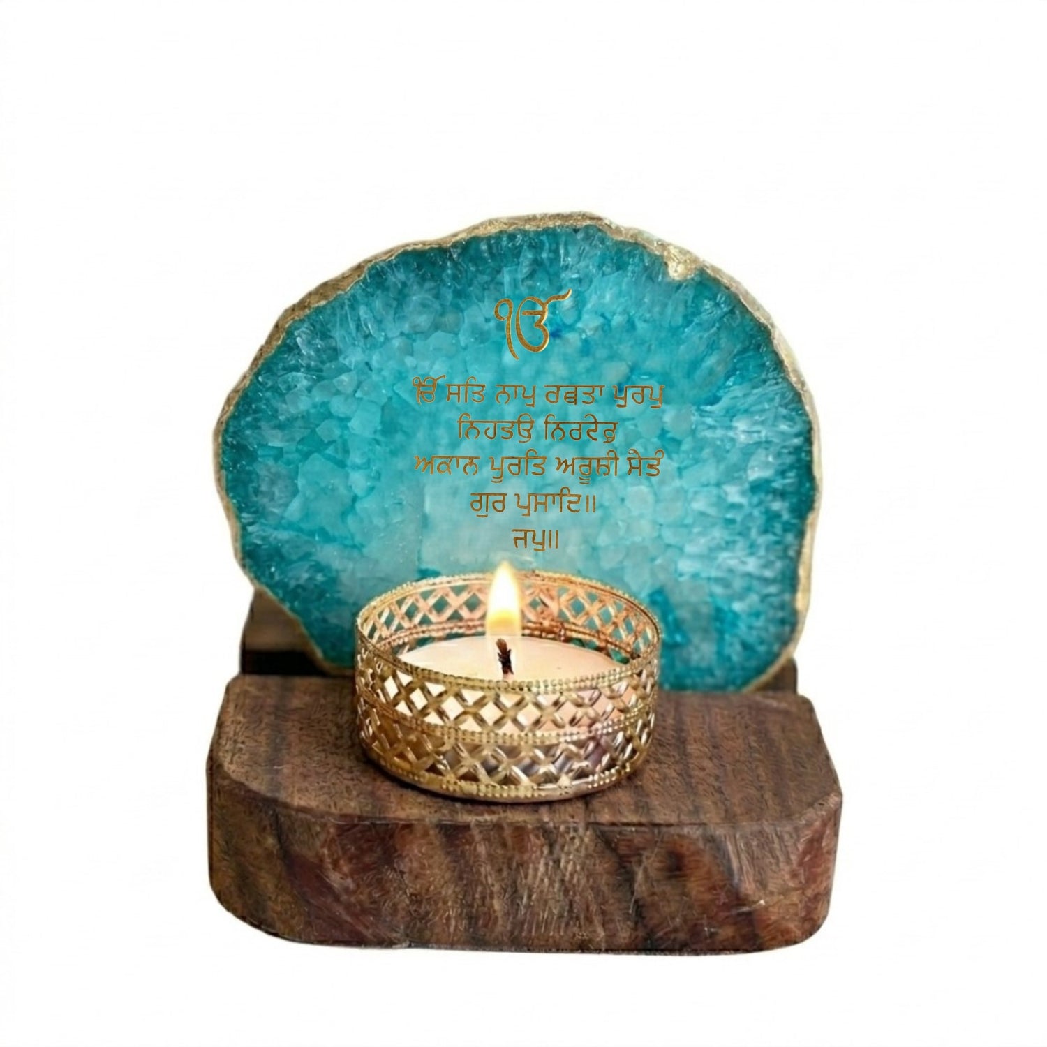Ik Onkar Mantra Turquoise Agate Tealight Wooden