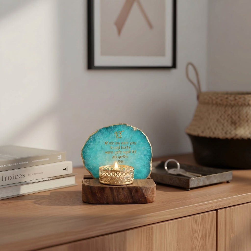 Ik Onkar Mantra Turquoise Agate Tealight Wooden