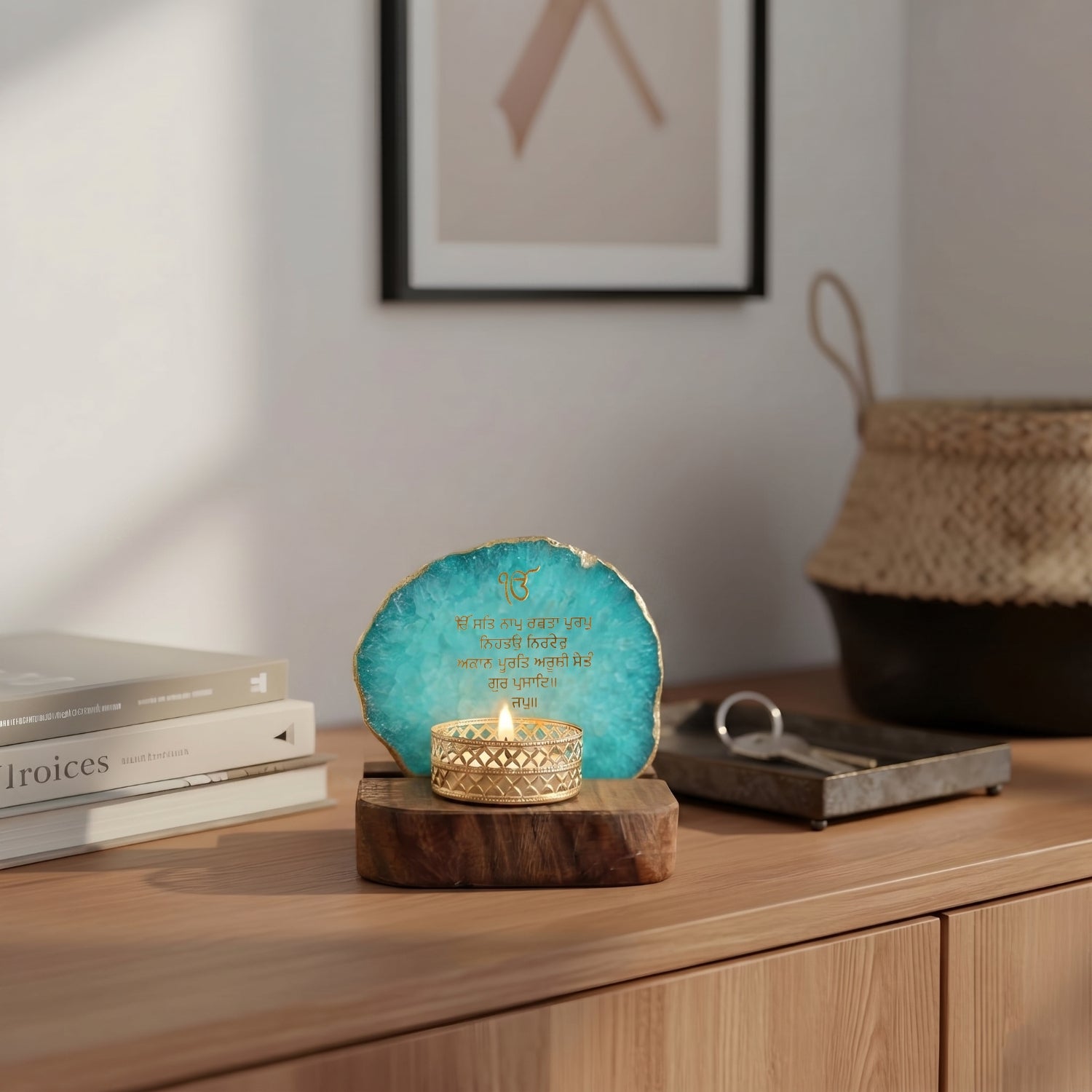 Ik Onkar Mantra Turquoise Agate Tealight Wooden
