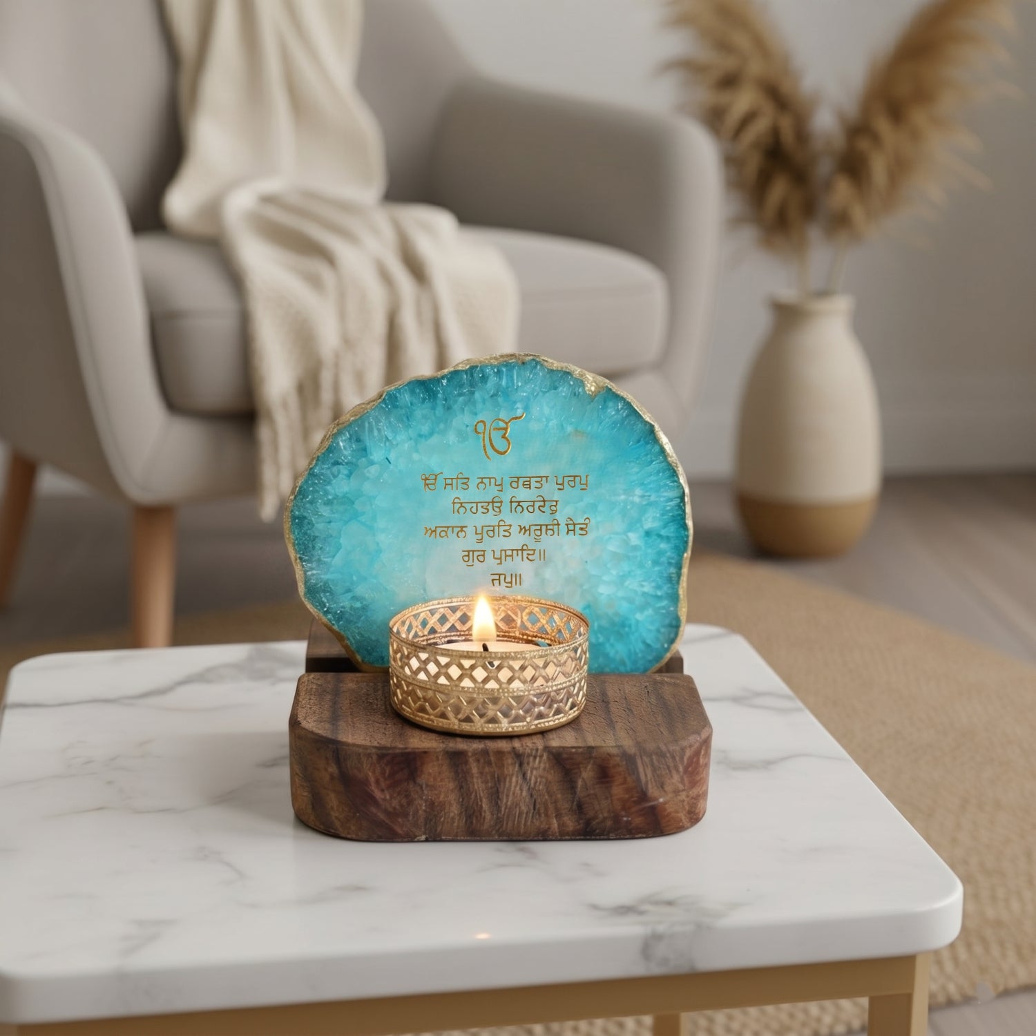 Ik Onkar Mantra Turquoise Agate Tealight Wooden