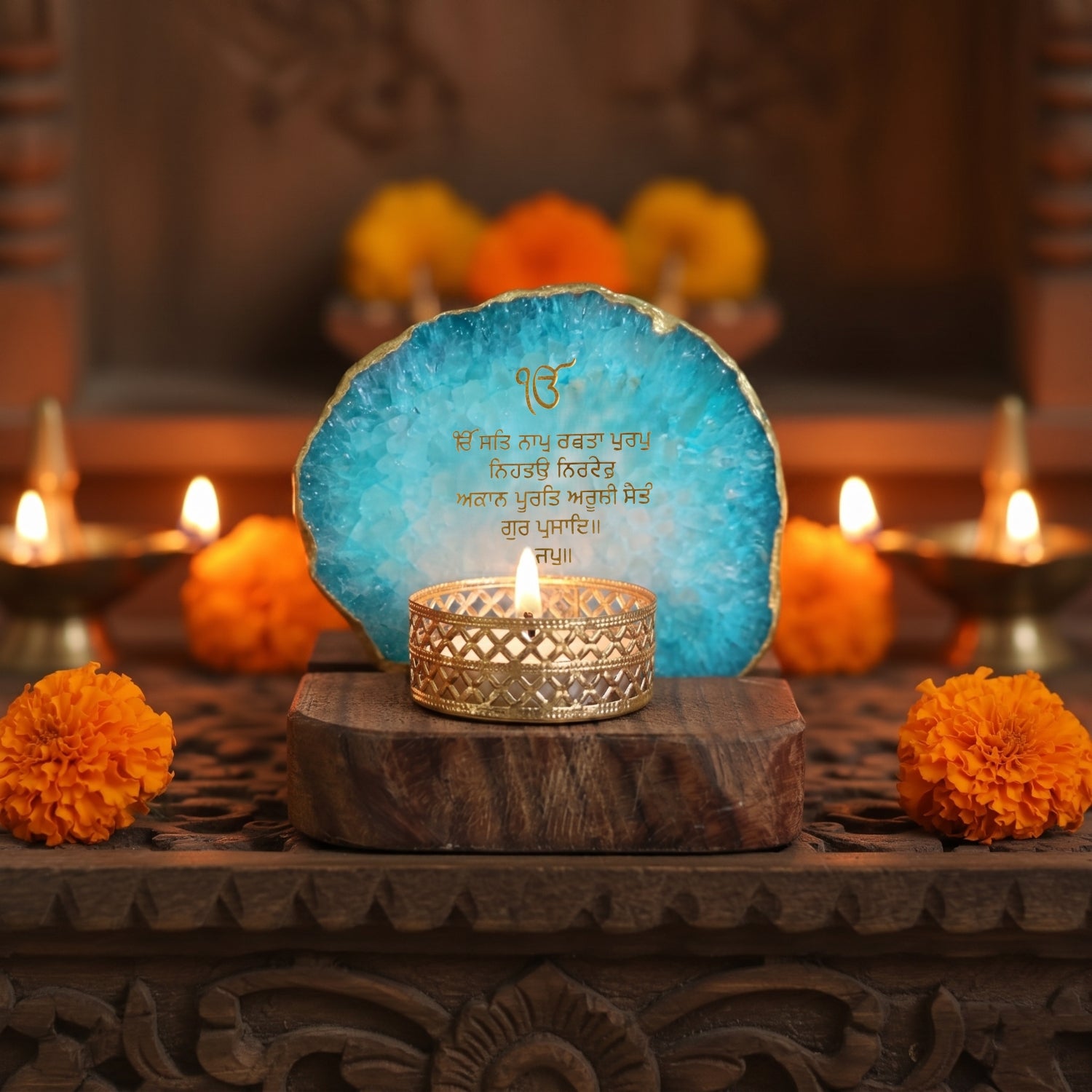 Ik Onkar Mantra Turquoise Agate Tealight Wooden