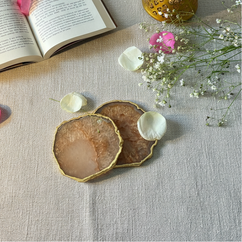 Brown  Crystal Agate Coaster With Rose Gold Plating