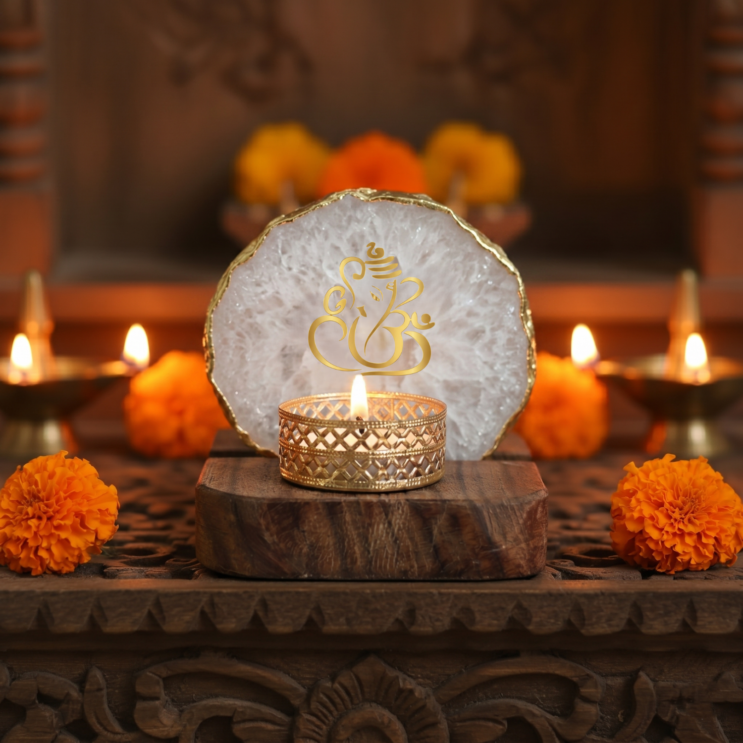 Agate Lord ganesh Tea Light Holder With Wooden Stand