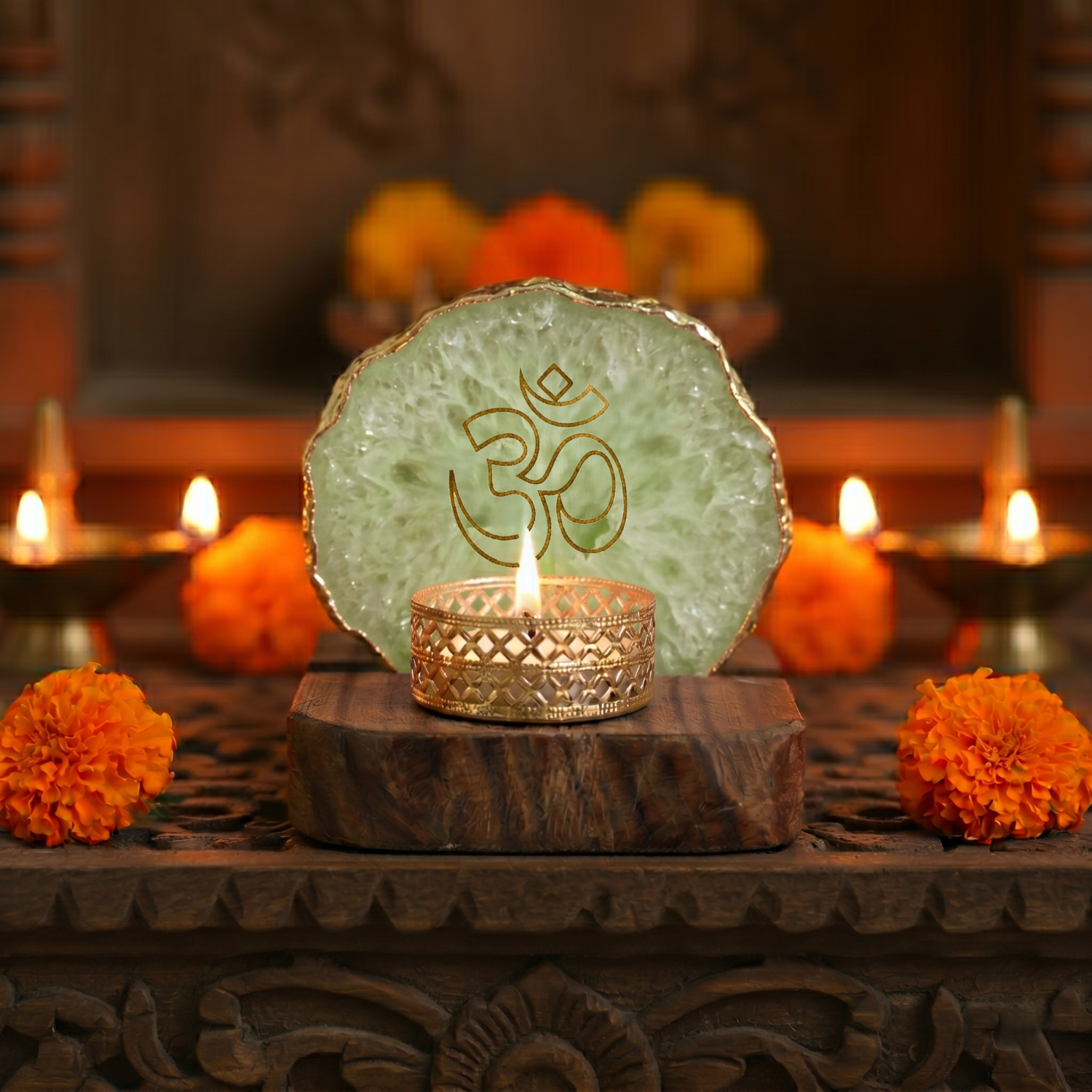 OM Agate Tea Light Holder with Wood Stand