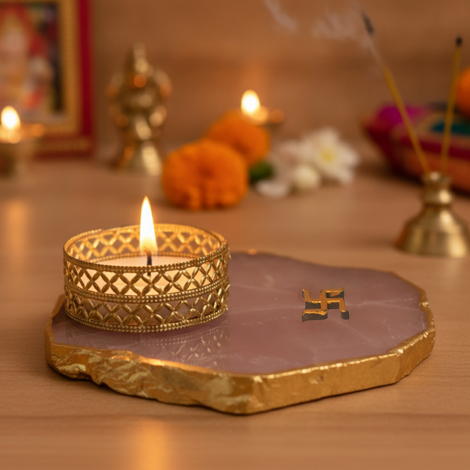 Swastika Agate Tea Light Candle Holder, Diwali Decor