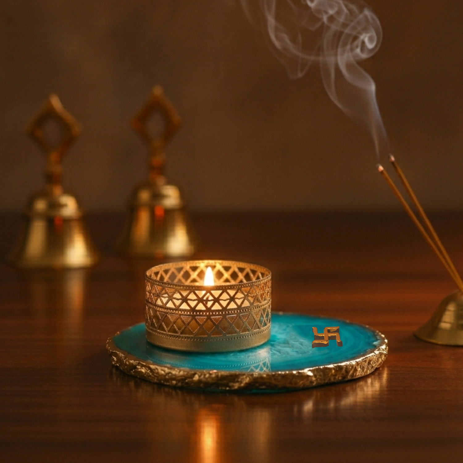 Swastika Agate Tea Light Candle Holder, Diwali Decor
