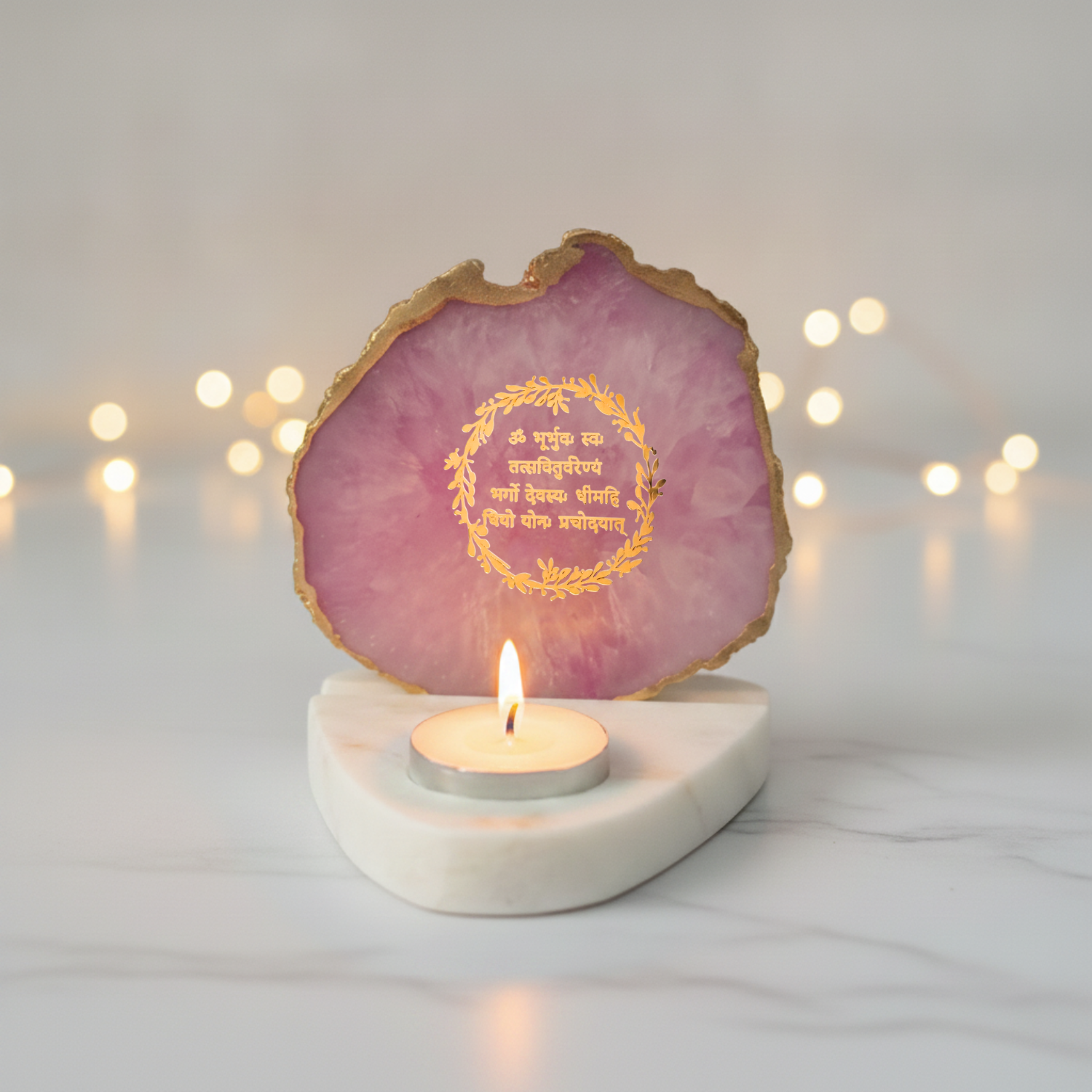 Gayatri Mantra Agate with Marble Base Back Side Tealight-Green