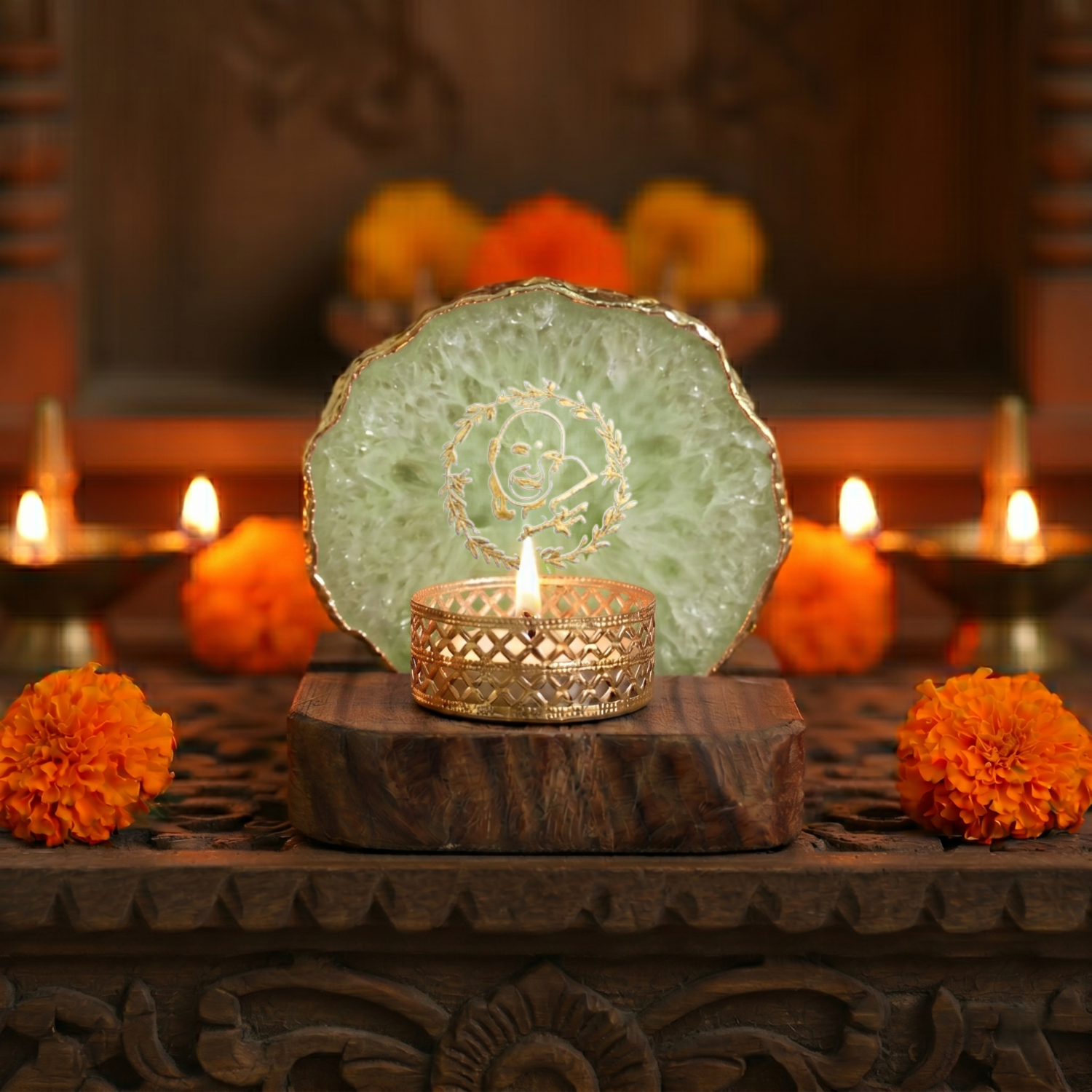 Guruji Agate Tea Light Holder with Wood Stand