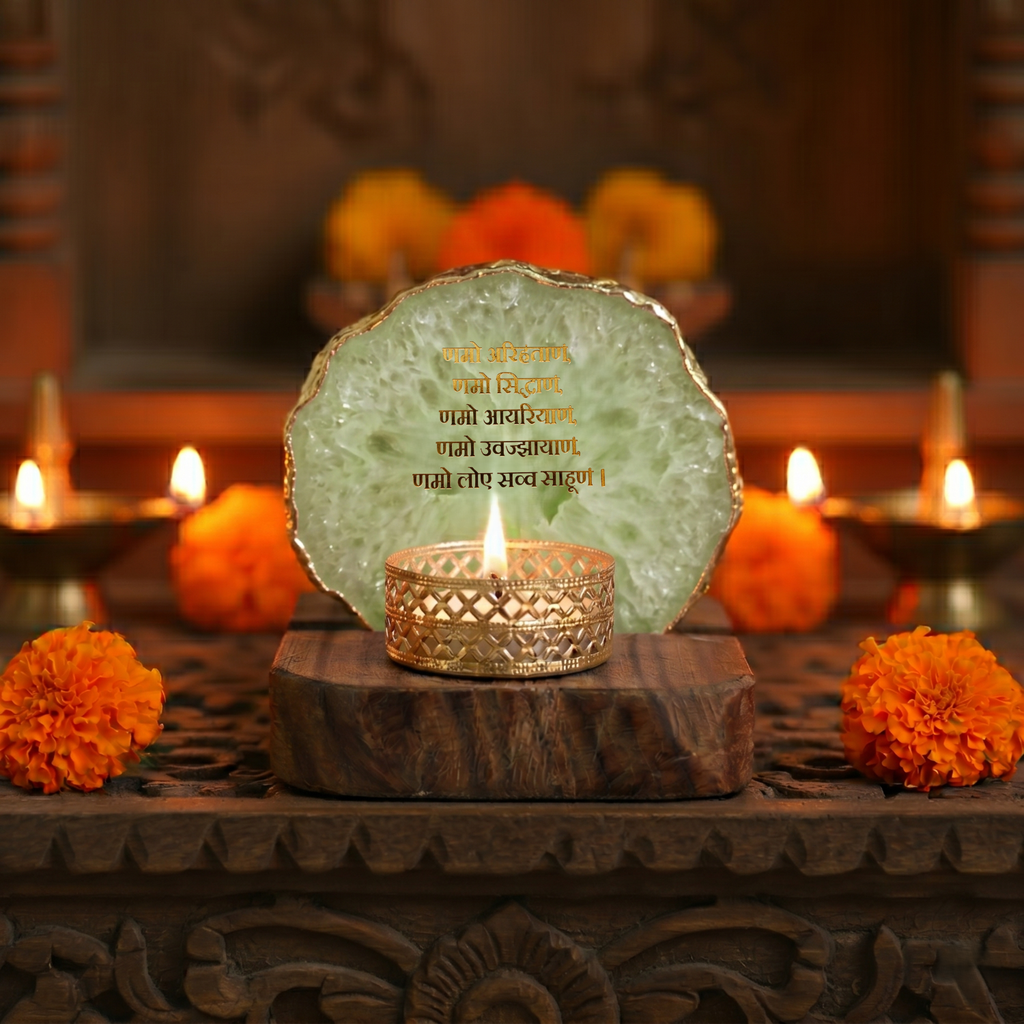 Namokar Mantra Agate Tea Light Holder  with Wood Stand