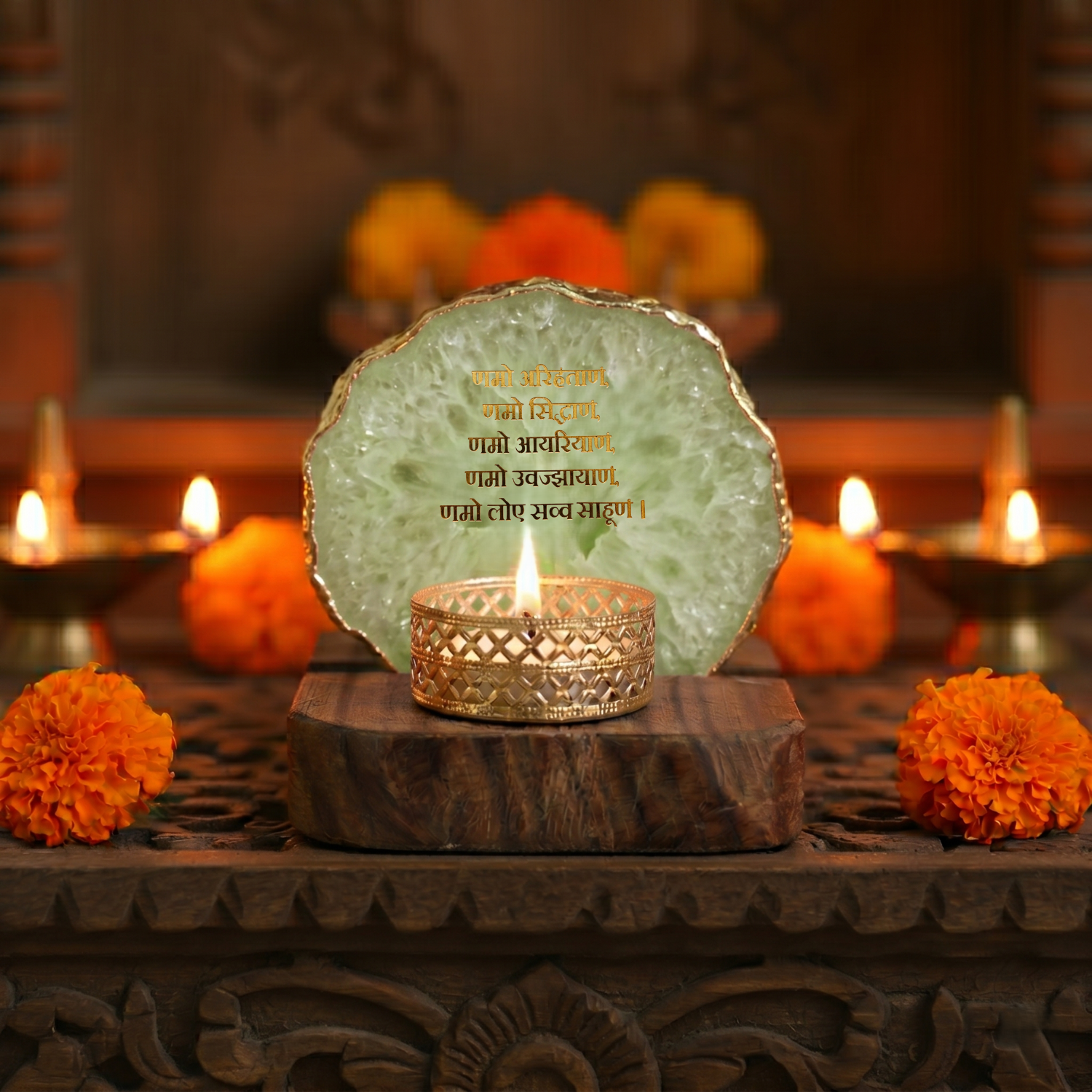 Namokar Mantra Agate Tea Light Holder  with Wood Stand