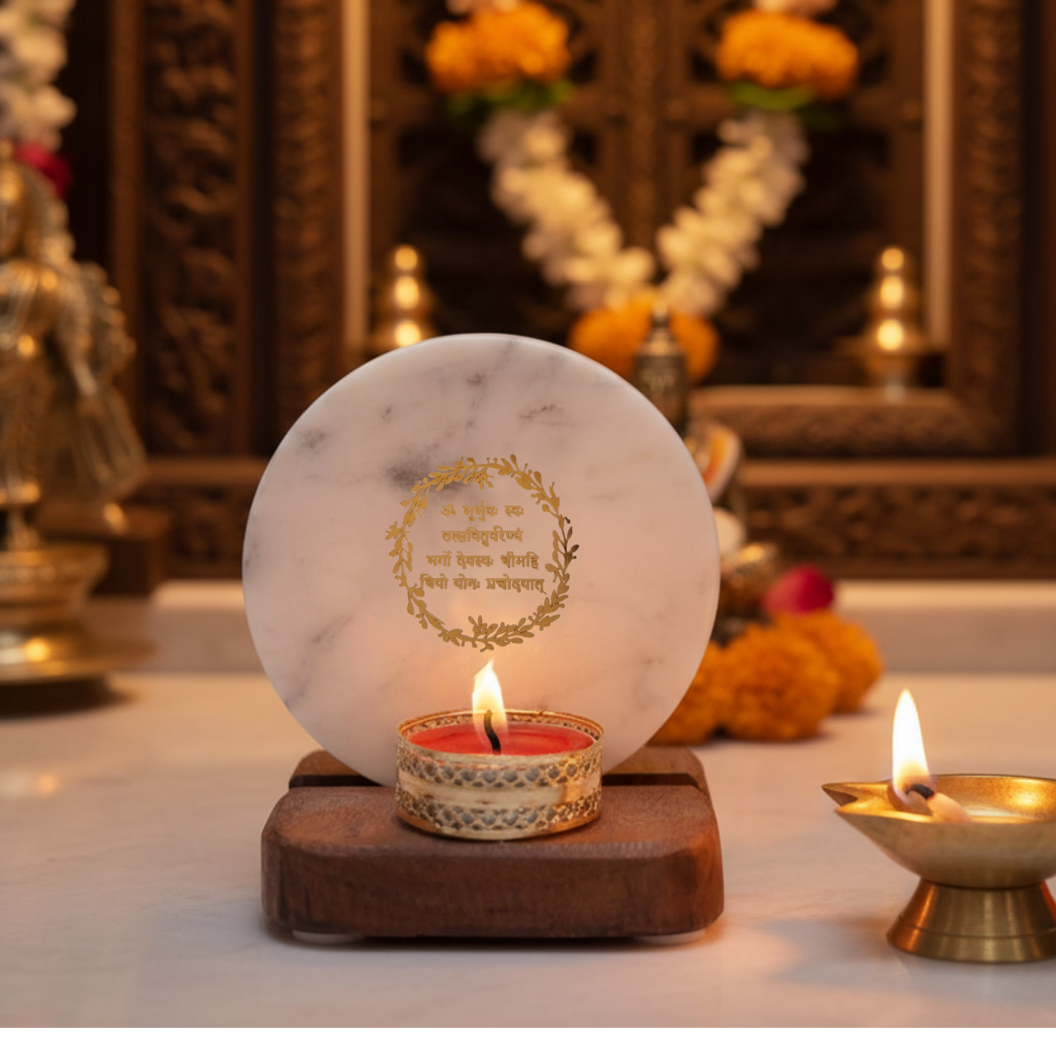 Guruji Tealight Holder Mother of Pearl with Wood