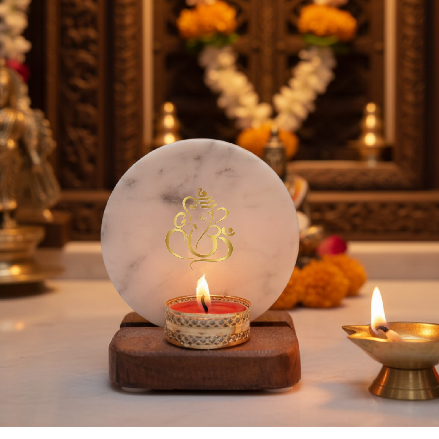 Gayatri Mantra  Tea Light Holder Mother of Pearl with Wood